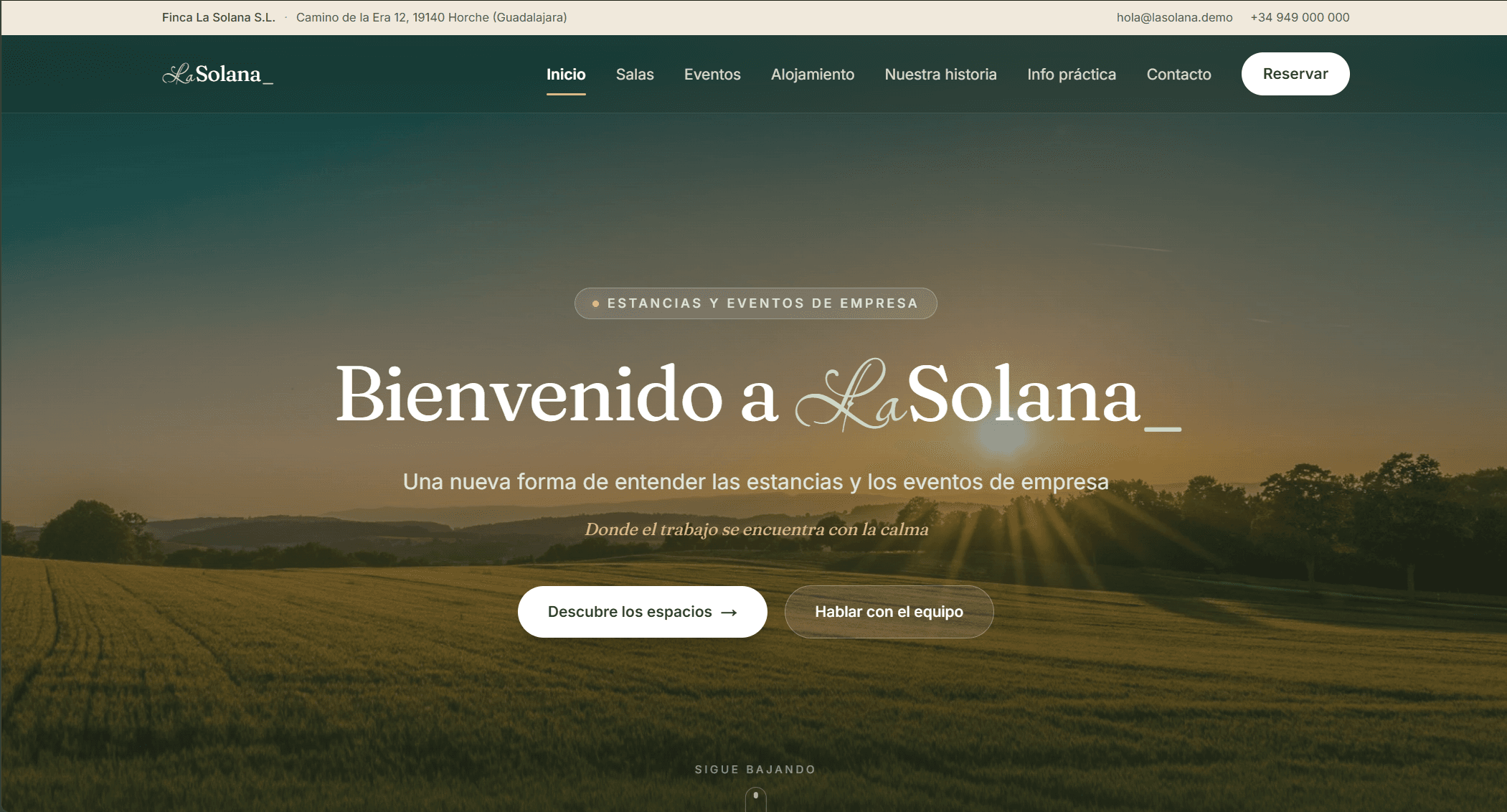 Vista previa de la demo La Solana — finca para estancias y eventos de empresa